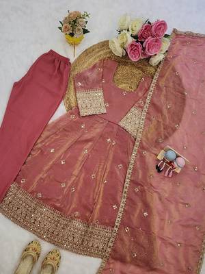 Peach fendy silk embroidery with sequence work kids anarkali set 4