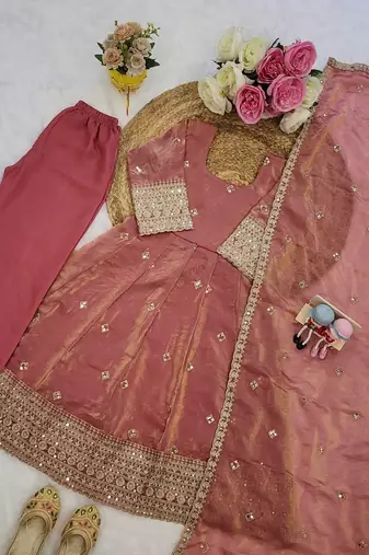 Peach fendy silk embroidery with sequence work kids anarkali set