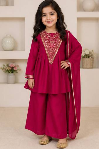 Ranipink japan satin embroidery with sequence work kids kurta set
