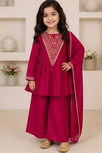 Ranipink japan satin embroidery with sequence work kids kurta set