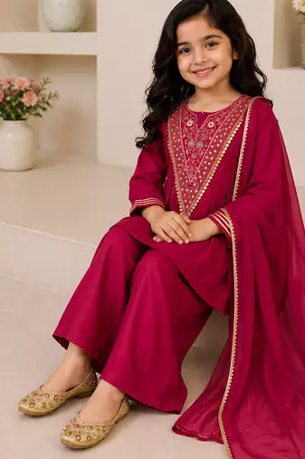 Ranipink japan satin embroidery with sequence work kids kurta set