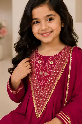 Ranipink japan satin embroidery with sequence work kids kurta set
