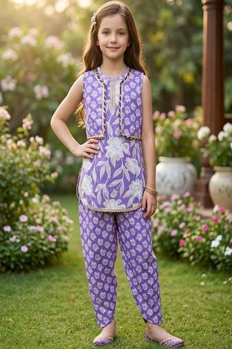 purple and white printed cotton kurta set for girls 
