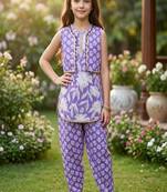 Purple and white printed cotton festive wear kurta set