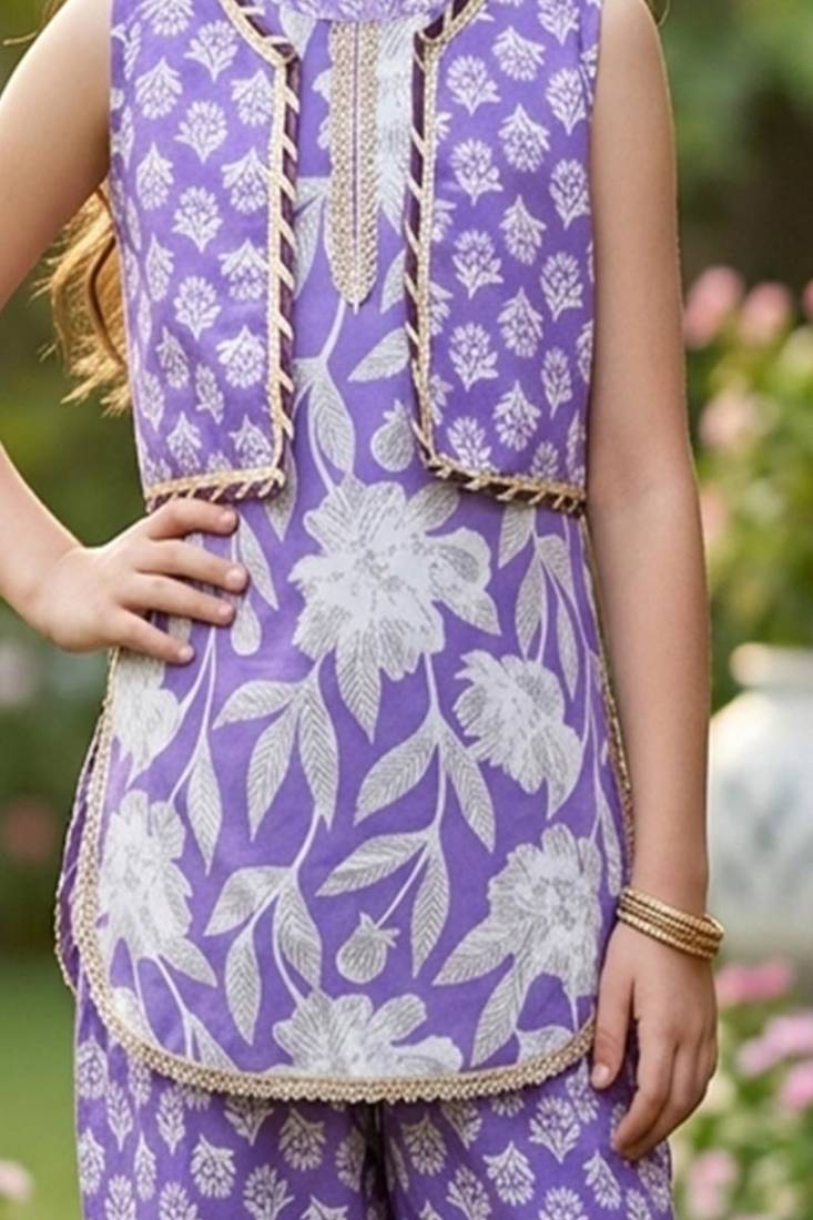 Purple and white printed cotton festive wear kurta set