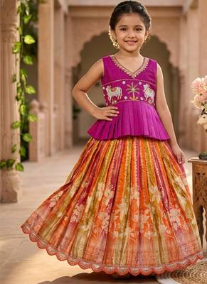 Soft dola silk with tissue strips with embroidery lace kids lehenga choli 1