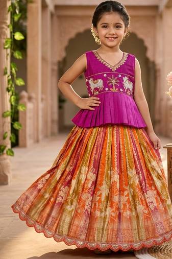 Soft dola silk with tissue strips with embroidery lace kids lehenga choli