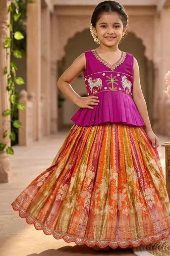 Soft dola silk with tissue strips with embroidery lace kids lehenga choli