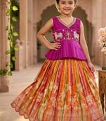 Soft dola silk with tissue strips with embroidery lace kids lehenga choli