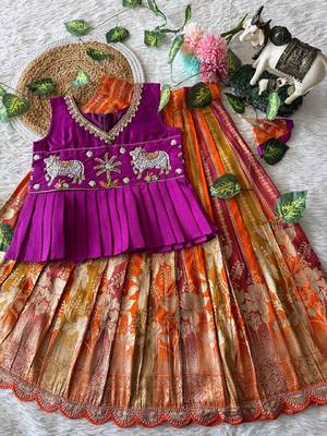 Soft dola silk with tissue strips with embroidery lace kids lehenga choli 2