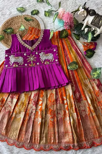 Soft dola silk with tissue strips with embroidery lace kids lehenga choli