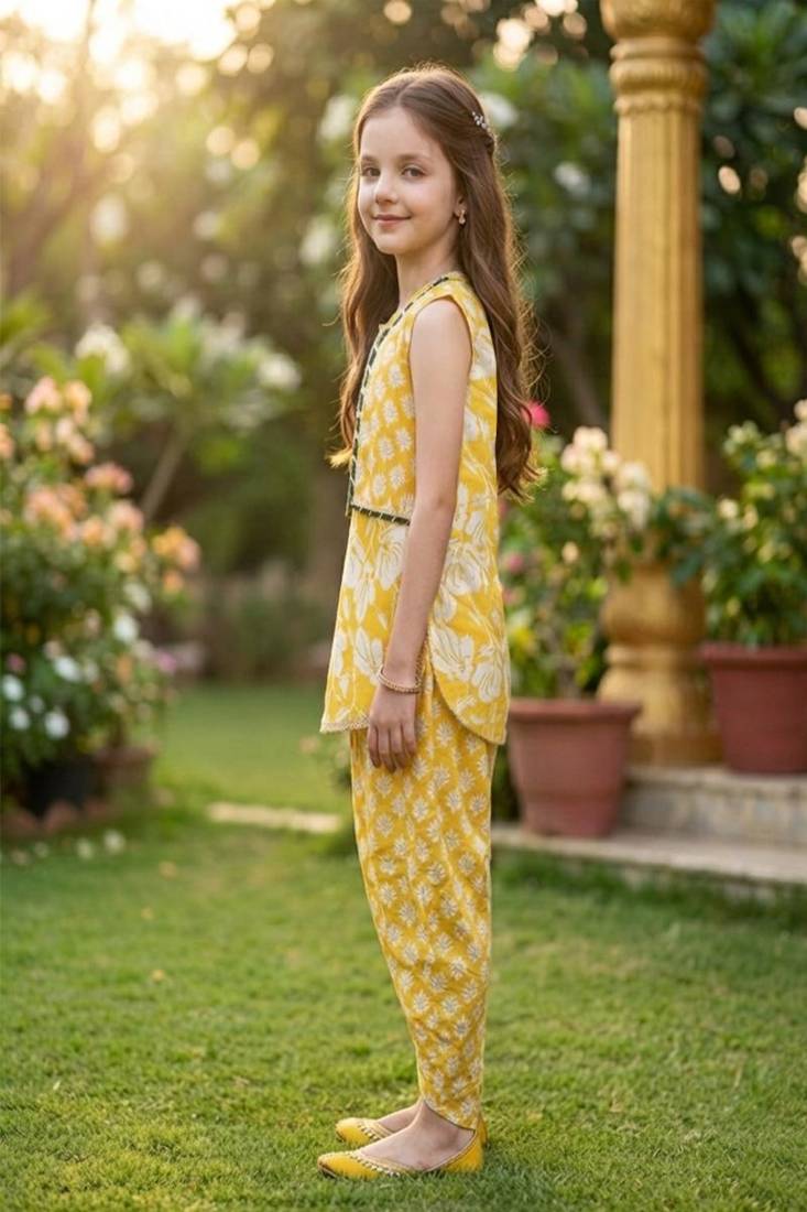 Yellow and white printed cotton festive wear kurta set