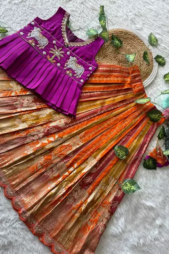 Soft dola silk with tissue strips with embroidery lace kids lehenga choli
