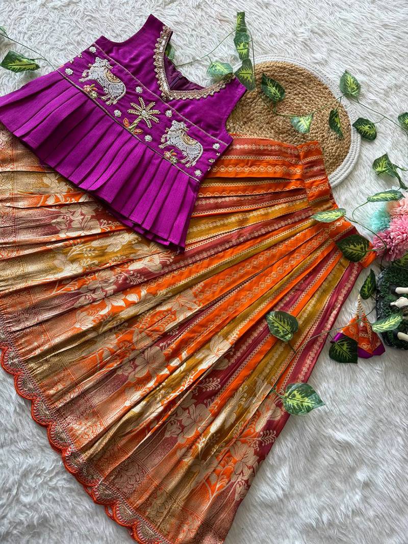 Soft dola silk with tissue strips with embroidery lace kids lehenga choli