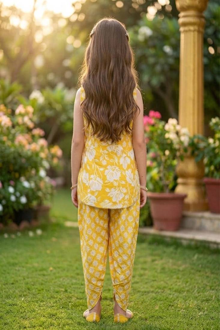 Yellow and white printed cotton festive wear kurta set