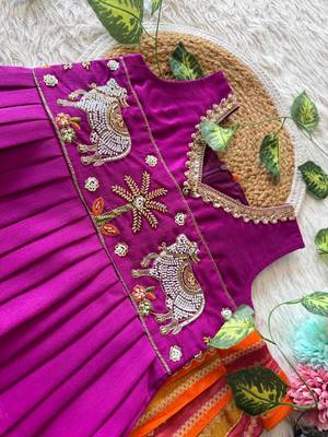 Soft dola silk with tissue strips with embroidery lace kids lehenga choli 4