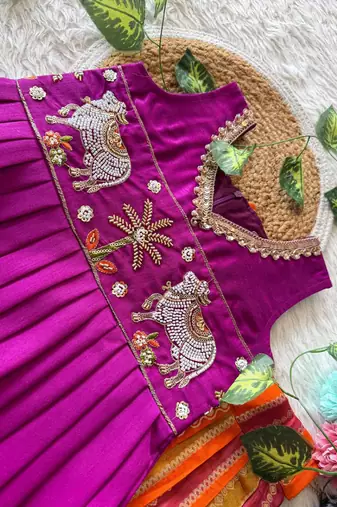 Soft dola silk with tissue strips with embroidery lace kids lehenga choli