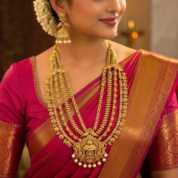 South Indian Temple Jewelry Long Haram Set, Lakshmi Pendant, Jhumka Earrings, Antique Gold Finish 1