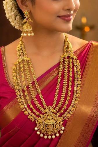 South Indian Temple Jewelry Long Haram Set, Lakshmi Pendant, Jhumka Earrings, Antique Gold Finish