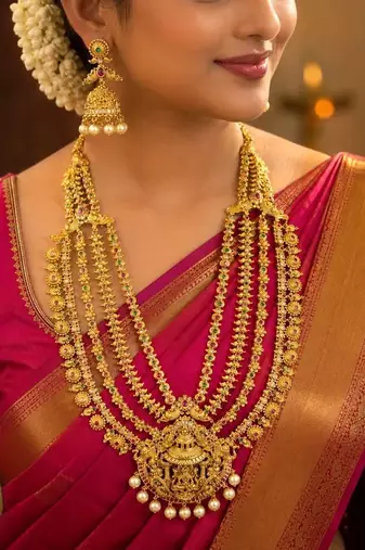 South Indian Temple Jewelry Long Haram Set, Lakshmi Pendant, Jhumka Earrings, Antique Gold Finish