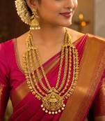 South Indian Temple Jewelry Long Haram Set, Lakshmi Pendant, Jhumka Earrings, Antique Gold Finish