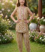 Brown and white printed cotton festive wear kurta set