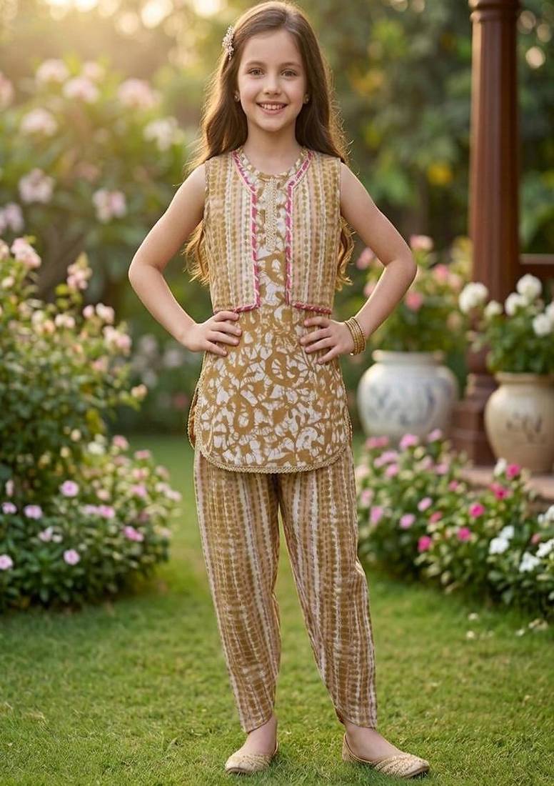 Brown and white printed cotton festive wear kurta set