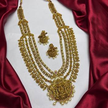 South Indian Temple Jewelry Long Haram Set, Lakshmi Pendant, Jhumka Earrings, Antique Gold Finish 2