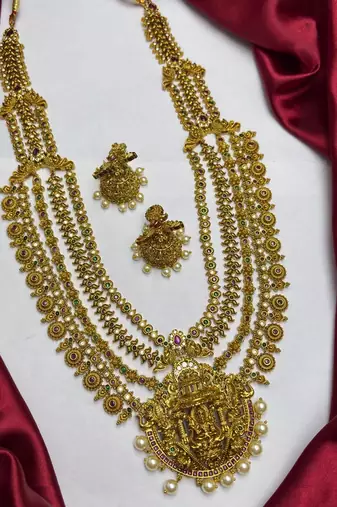 South Indian Temple Jewelry Long Haram Set, Lakshmi Pendant, Jhumka Earrings, Antique Gold Finish
