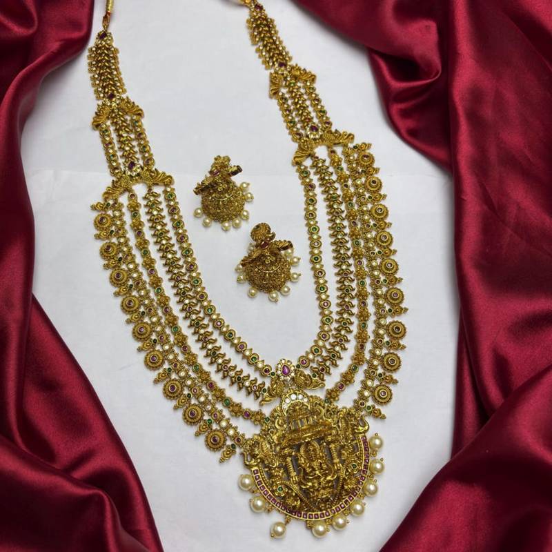 South Indian Temple Jewelry Long Haram Set, Lakshmi Pendant, Jhumka Earrings, Antique Gold Finish