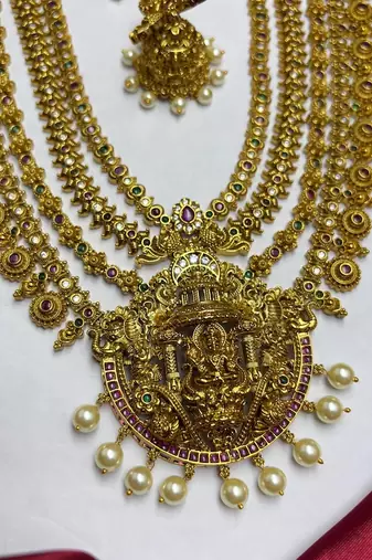 South Indian Temple Jewelry Long Haram Set, Lakshmi Pendant, Jhumka Earrings, Antique Gold Finish