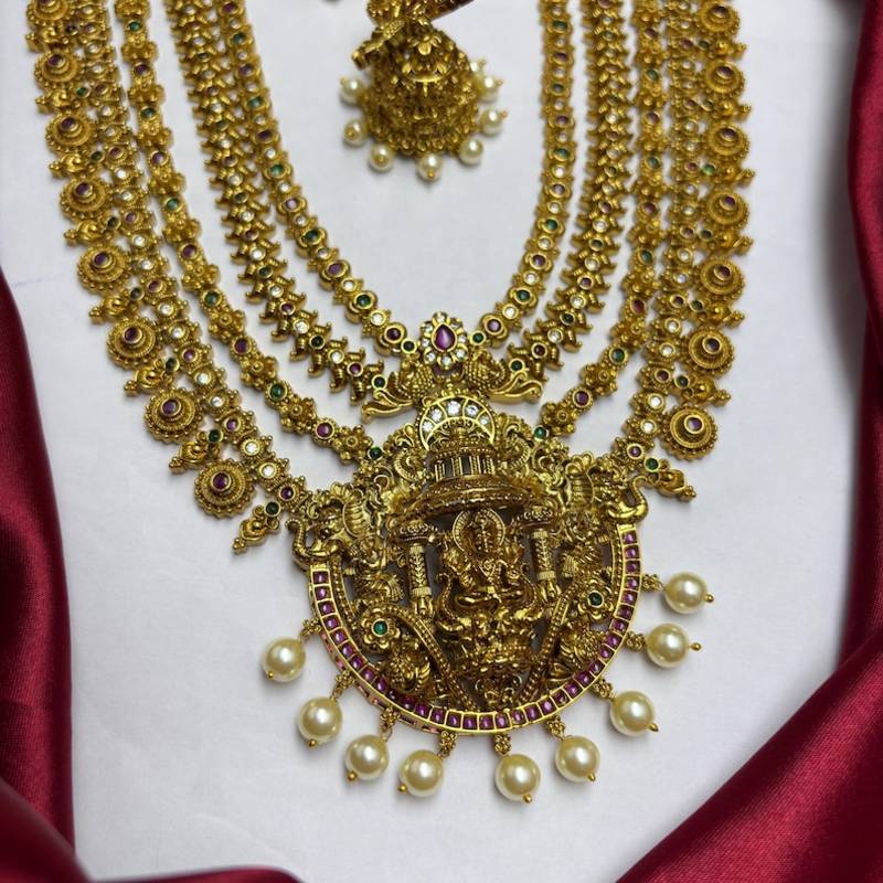 South Indian Temple Jewelry Long Haram Set, Lakshmi Pendant, Jhumka Earrings, Antique Gold Finish