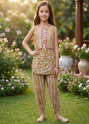 Brown and white printed cotton festive wear kurta set 2