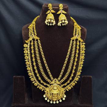 South Indian Temple Jewelry Long Haram Set, Lakshmi Pendant, Jhumka Earrings, Antique Gold Finish 4