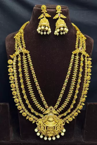 South Indian Temple Jewelry Long Haram Set, Lakshmi Pendant, Jhumka Earrings, Antique Gold Finish
