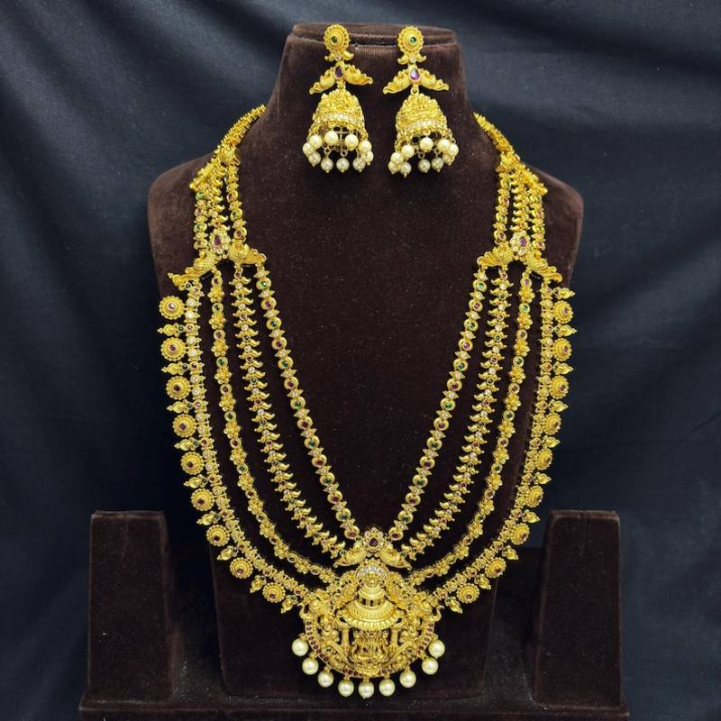 South Indian Temple Jewelry Long Haram Set, Lakshmi Pendant, Jhumka Earrings, Antique Gold Finish