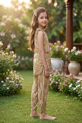 Brown and white printed cotton festive wear kurta set 3