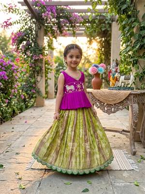 Soft dola silk with tissue strips with embroidery lace kids lehenga choli 1