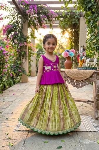 Soft dola silk with tissue strips with embroidery lace kids lehenga choli