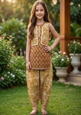 Brown and white printed cotton festive wear kurta set 1