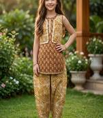 Brown and white printed cotton festive wear kurta set