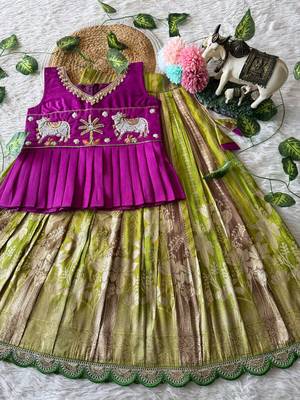 Soft dola silk with tissue strips with embroidery lace kids lehenga choli 2