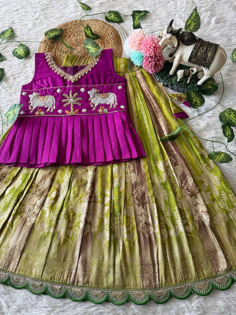 Soft dola silk with tissue strips with embroidery lace kids lehenga choli