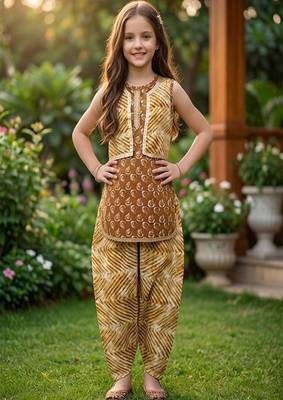 Brown and white printed cotton festive wear kurta set 2