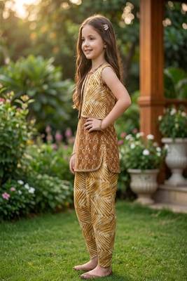 Brown and white printed cotton festive wear kurta set 3