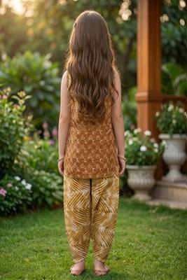 Brown and white printed cotton festive wear kurta set 4