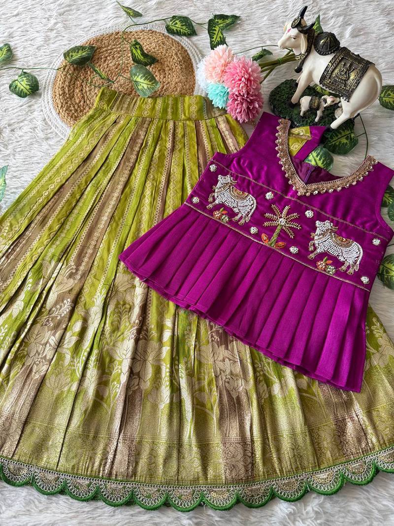 Soft dola silk with tissue strips with embroidery lace kids lehenga choli
