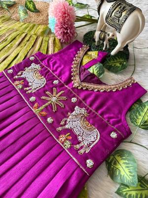 Soft dola silk with tissue strips with embroidery lace kids lehenga choli 4