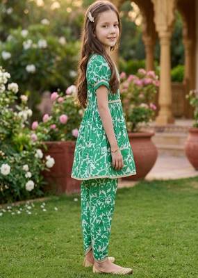 White and green printed cotton festive wear kurta set 3