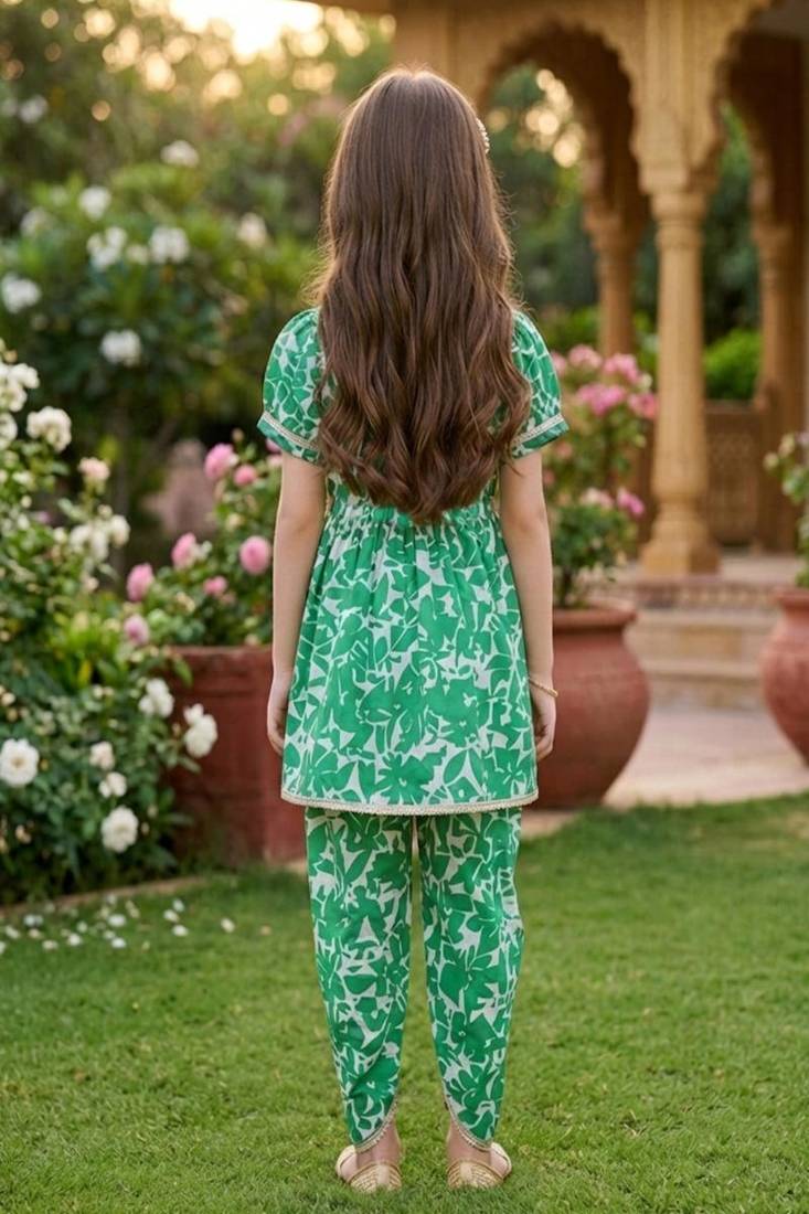 White and green printed cotton festive wear kurta set